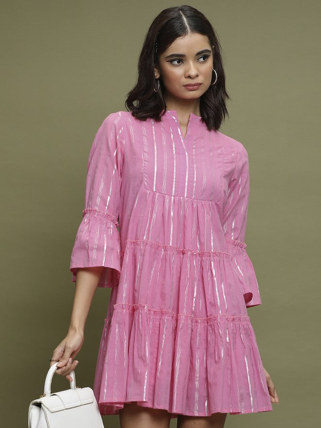Vishudh Women Pink Self Design A-Line Dress - Pink - Image 1