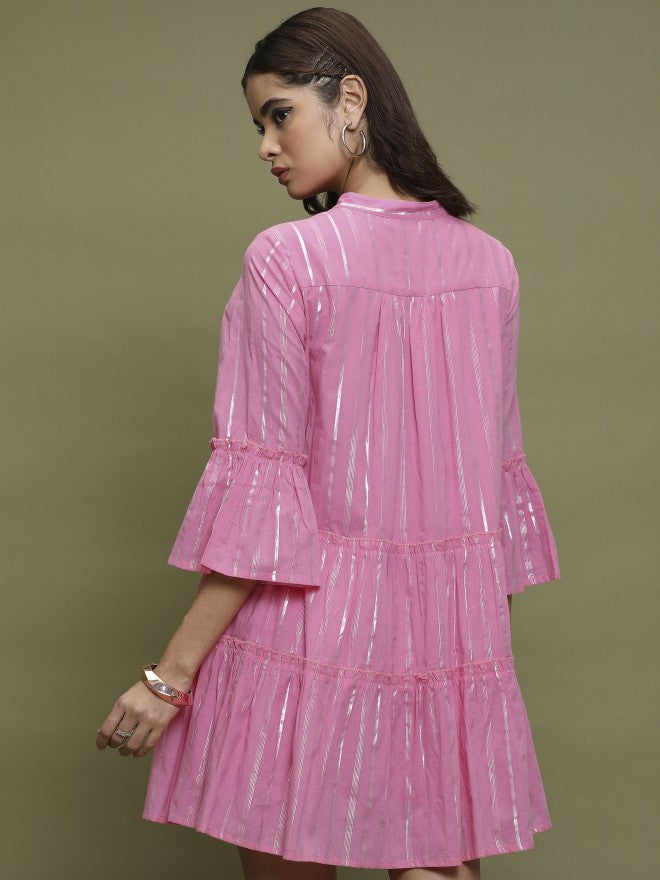 Vishudh Women Pink Self Design A-Line Dress - Pink - Image 3