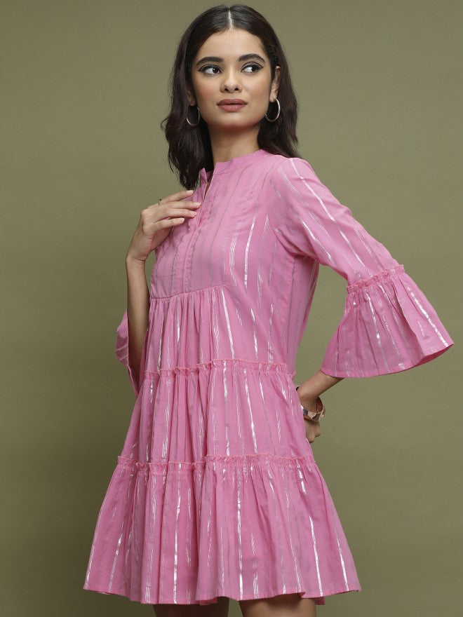 Vishudh Women Pink Self Design A-Line Dress - Pink - Image 4