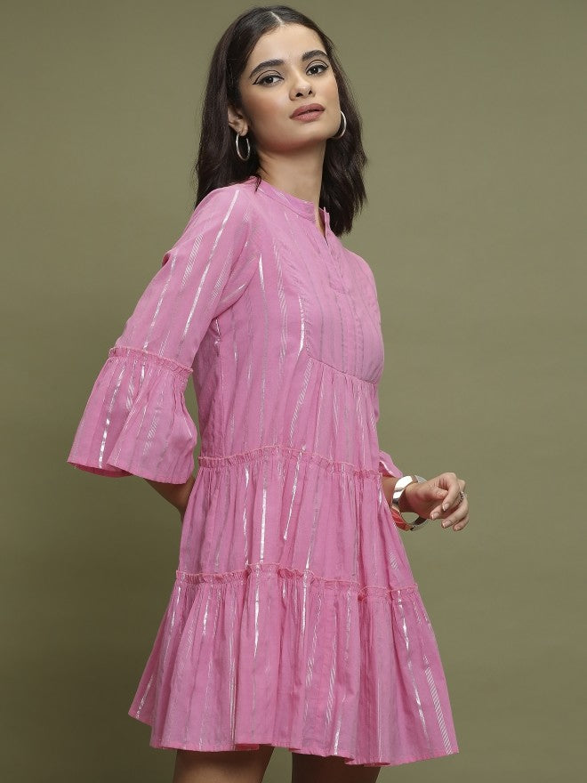 Vishudh Women Pink Self Design A-Line Dress - Pink - Image 6