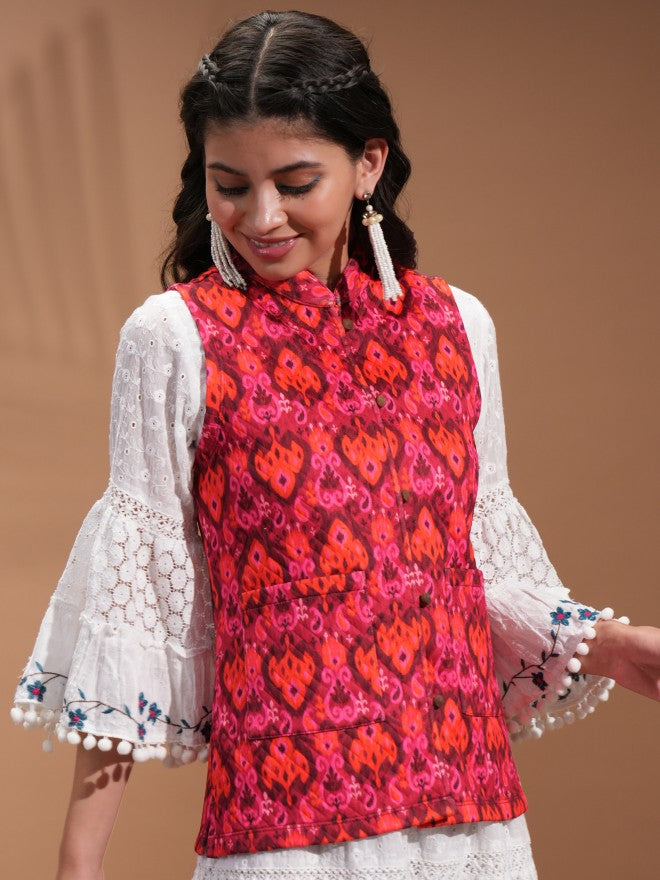 Vishudh Women Red Open Front Jacket - Red - Image 6
