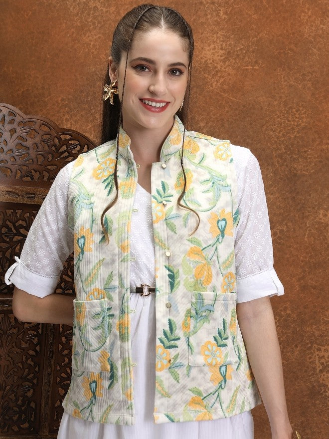 Vishudh Women Off White Open Front Jacket - Off White - Image 1