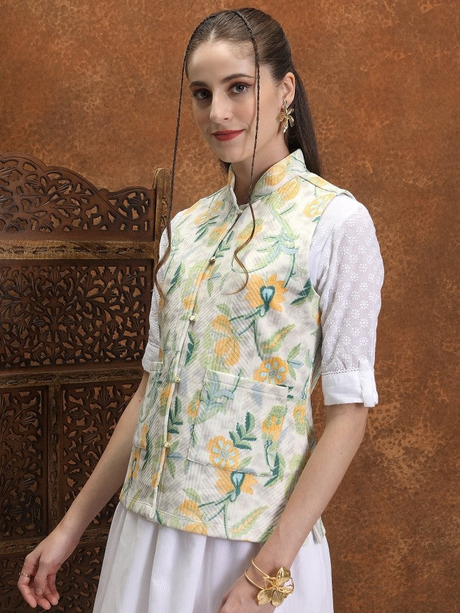 Vishudh Women Off White Open Front Jacket - Off White - Image 4