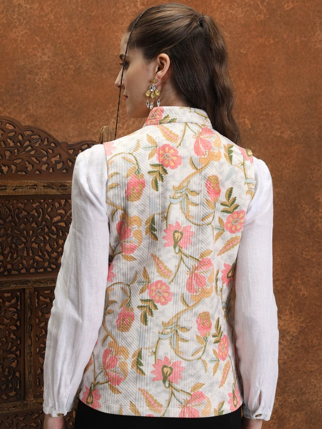Vishudh Women Off White Open Front Jacket - Off White - Image 3
