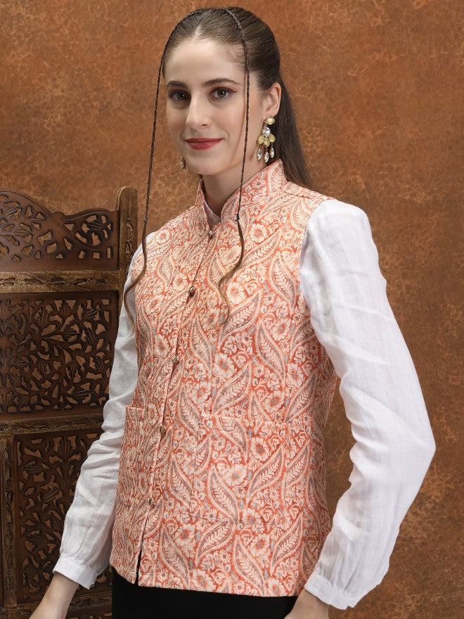 Vishudh Women Rust Open Front Jacket - Rust - Image 4