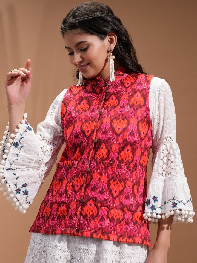 Vishudh Women Red Open Front Jacket - Red - Image 1