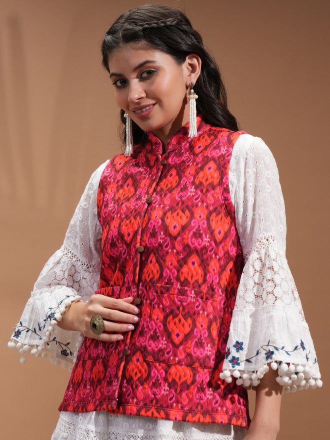 Vishudh Women Red Open Front Jacket - Red - Image 4