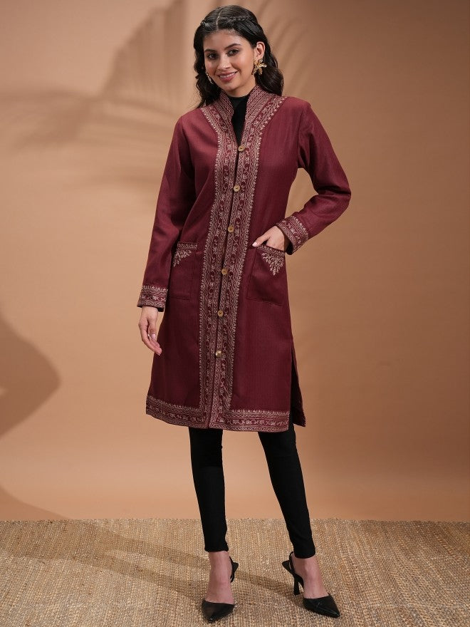 Vishudh Women Maroon Open Front Jacket - Maroon - Image 1