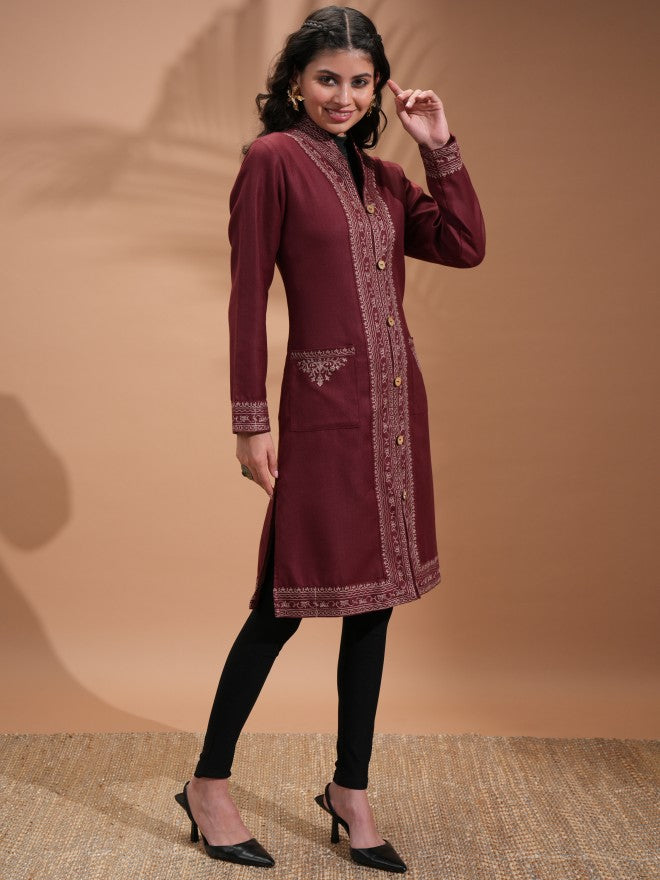 Vishudh Women Maroon Open Front Jacket - Maroon - Image 4
