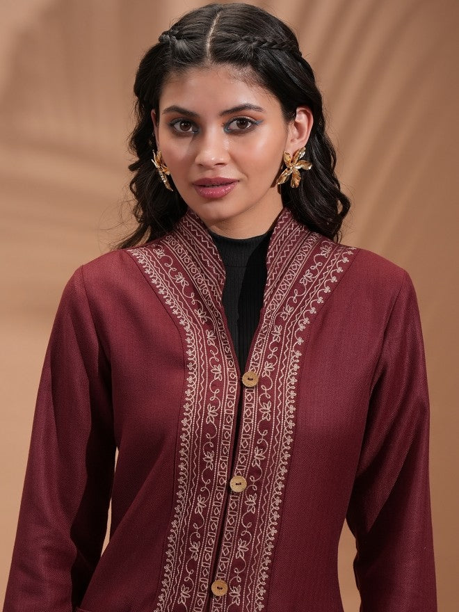 Vishudh Women Maroon Open Front Jacket - Maroon - Image 6