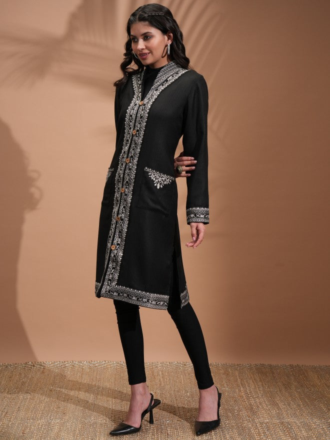 Vishudh Women Black Open Front Jacket - Black - Image 2