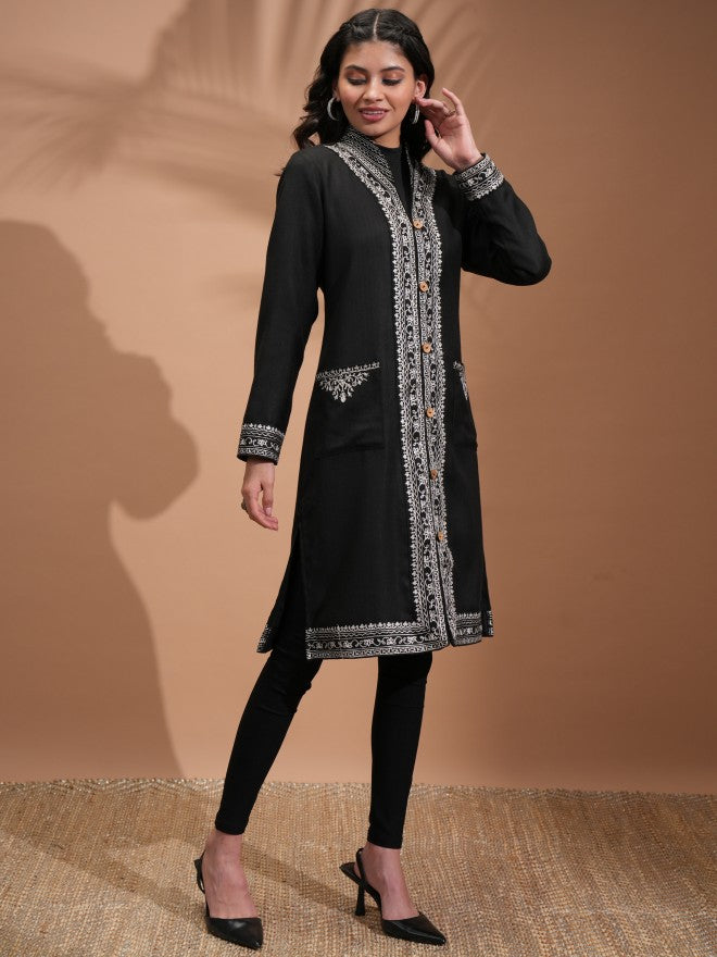 Vishudh Women Black Open Front Jacket - Black - Image 4