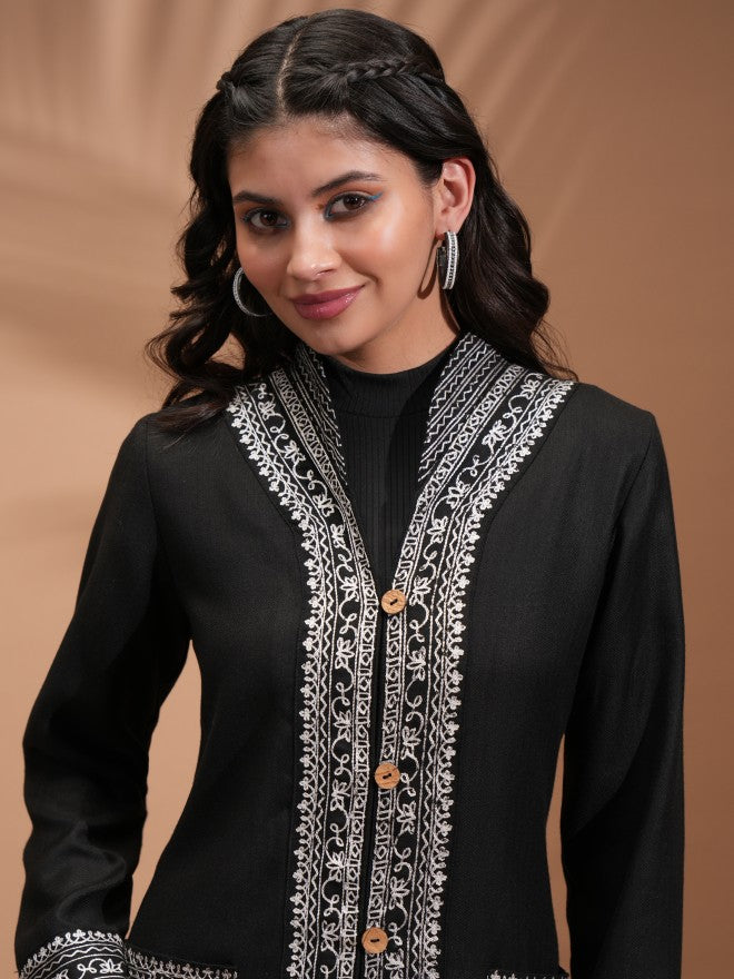 Vishudh Women Black Open Front Jacket - Black - Image 6