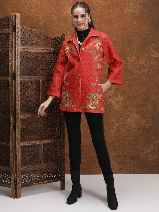 Vishudh Women Red Open Front Jacket - Red - Image 2