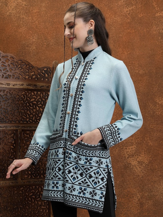 Vishudh Women Blue Open Front Jacket - Blue - Image 4