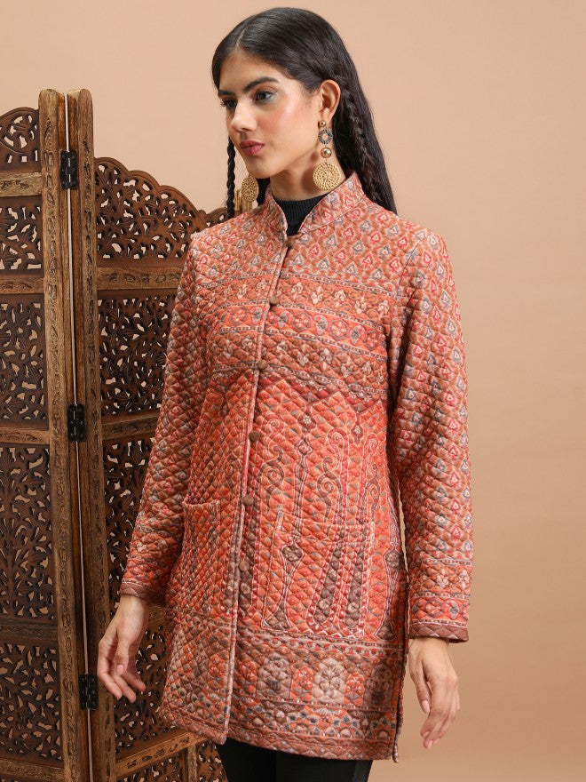Vishudh Women Rust Open Front Jacket - Rust - Image 4