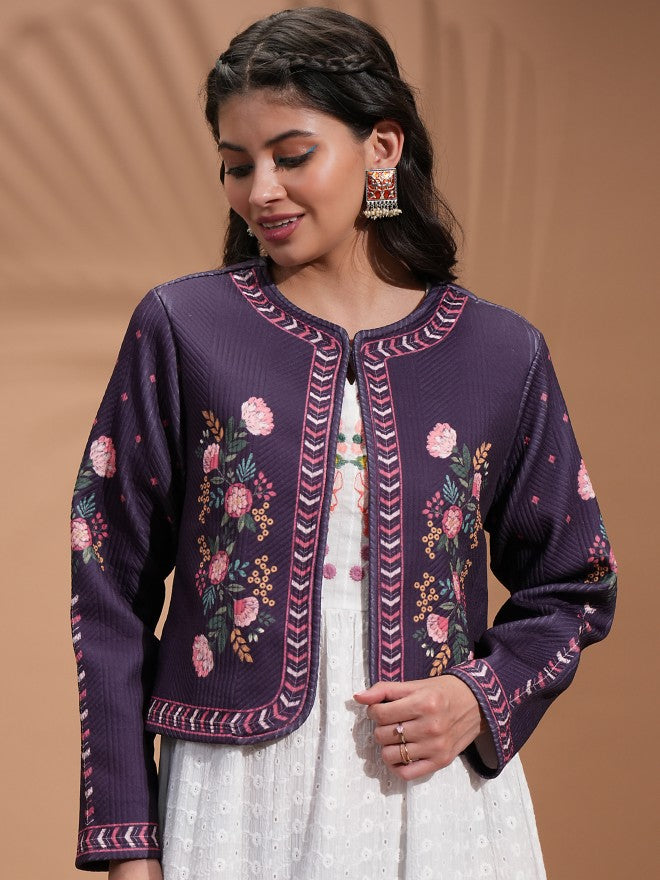 Vishudh Women Purple Quilted Jacket - Purple - Image 1