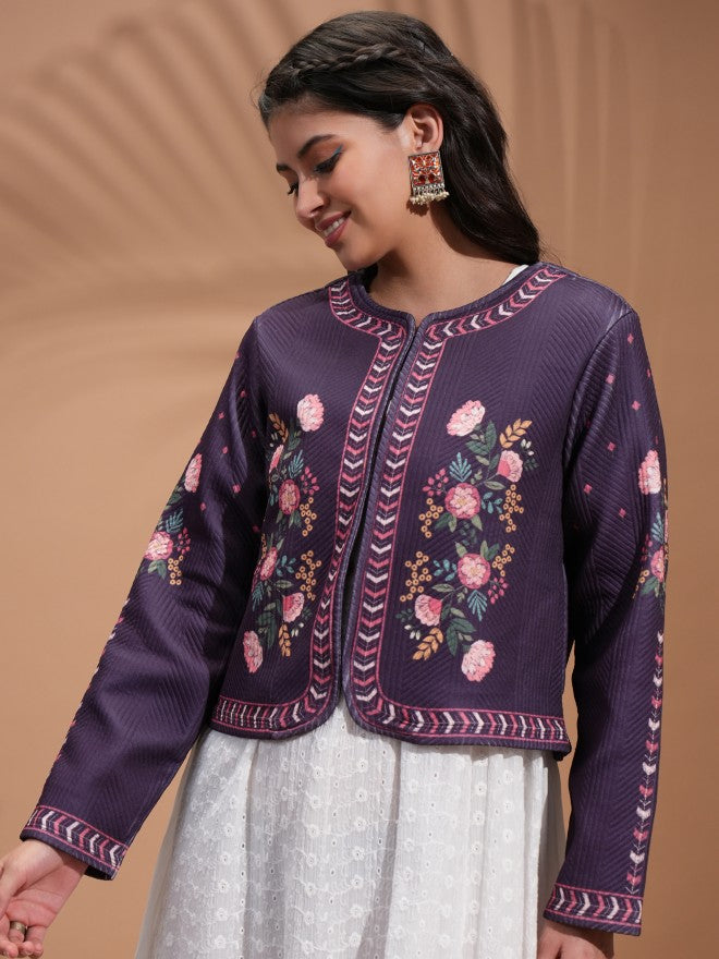 Vishudh Women Purple Quilted Jacket - Purple - Image 4