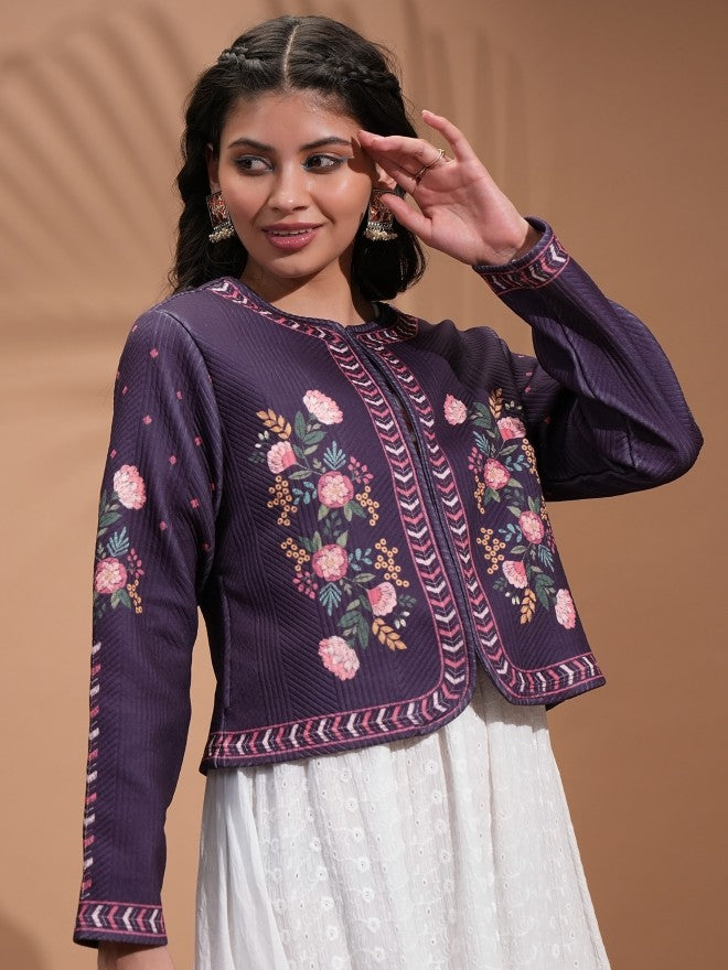 Vishudh Women Purple Quilted Jacket - Purple - Image 6