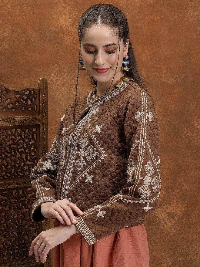 Vishudh Women Brown Open Front Jacket - Brown - Image 4