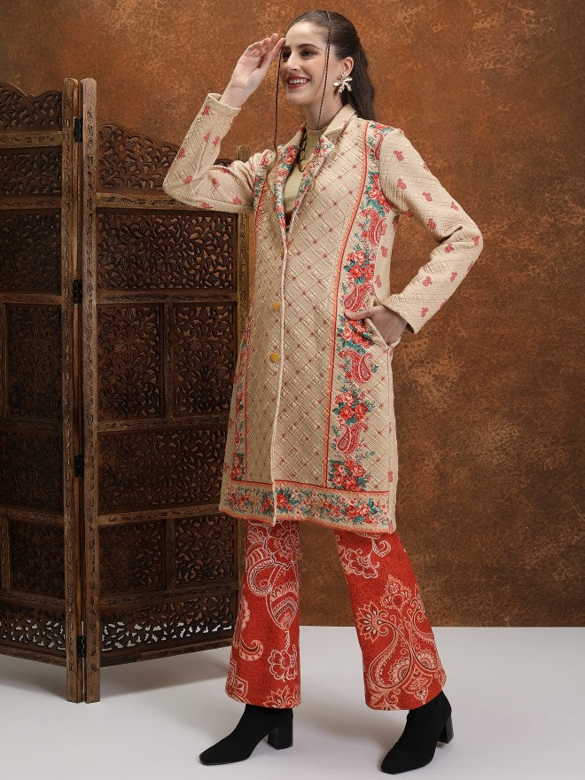 Vishudh Women Beige Open Front Jacket - Beige - Image 2