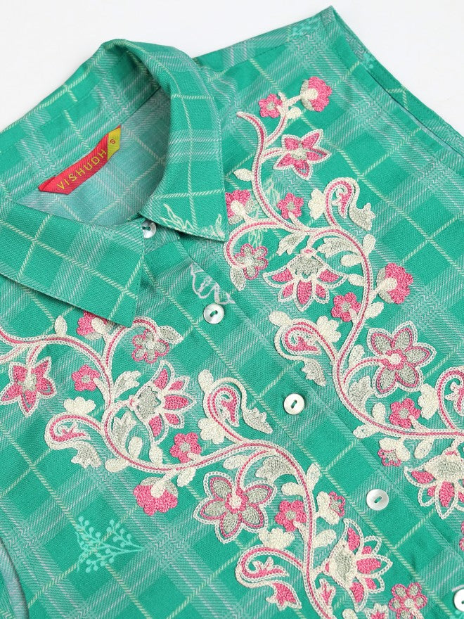 Vishudh Women Green Checked Shirt Dress - Green - Image 7