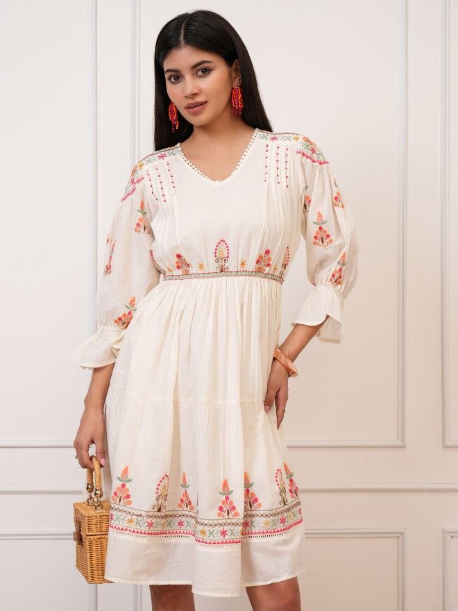 Vishudh Women White Embroidered Fit And Flare Dress - White - Image 1