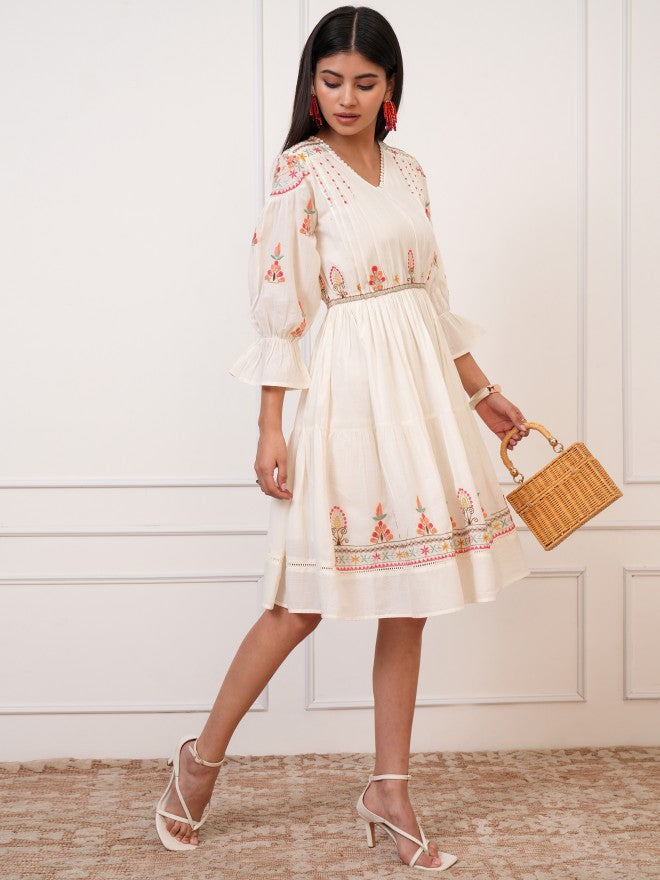 Vishudh Women White Embroidered Fit And Flare Dress - White - Image 2