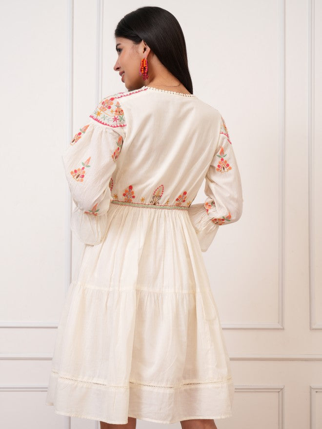 Vishudh Women White Embroidered Fit And Flare Dress - White - Image 3