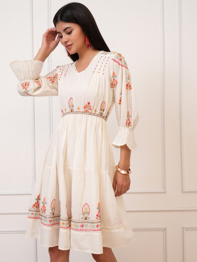 Vishudh Women White Embroidered Fit And Flare Dress - White - Image 4