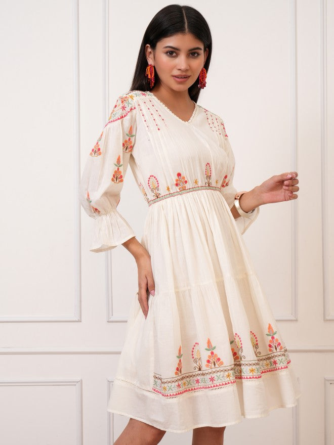 Vishudh Women White Embroidered Fit And Flare Dress - White - Image 6