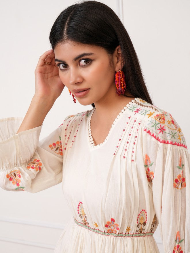 Vishudh Women White Embroidered Fit And Flare Dress - White - Image 7