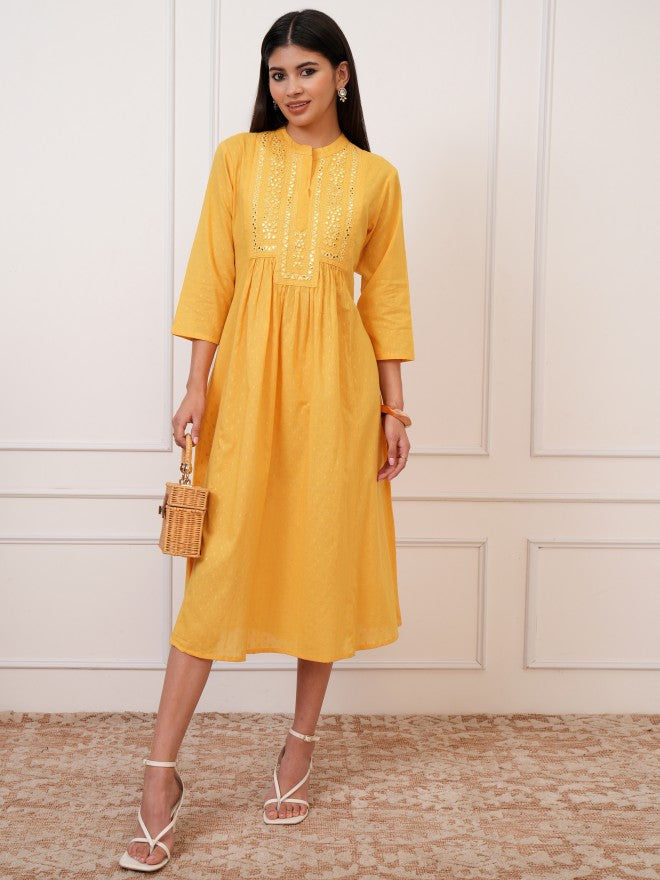 Vishudh Women Yellow Embroidered Fit and Flare Dress - Yellow - Image 1