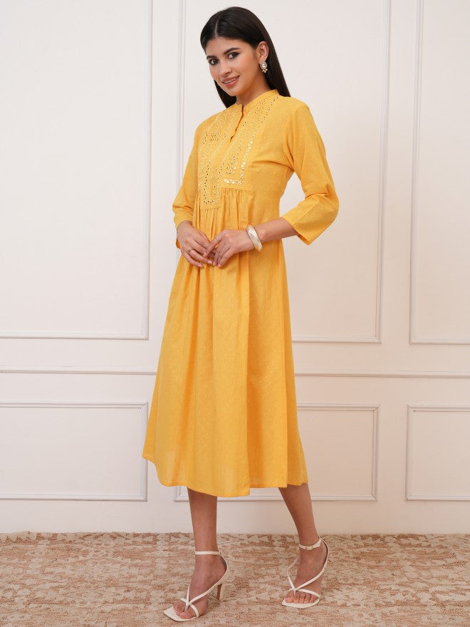 Vishudh Women Yellow Embroidered Fit and Flare Dress - Yellow - Image 2