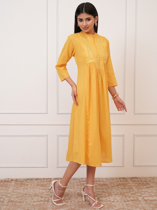 Vishudh Women Yellow Embroidered Fit and Flare Dress - Yellow - Image 4