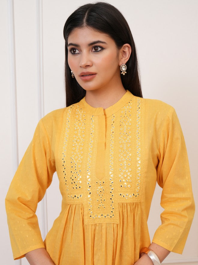 Vishudh Women Yellow Embroidered Fit and Flare Dress - Yellow - Image 6