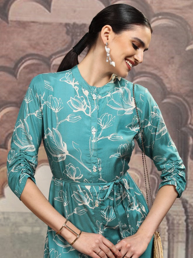 Vishudh Women Teal Printed Maxi Dress - Teal - Image 1