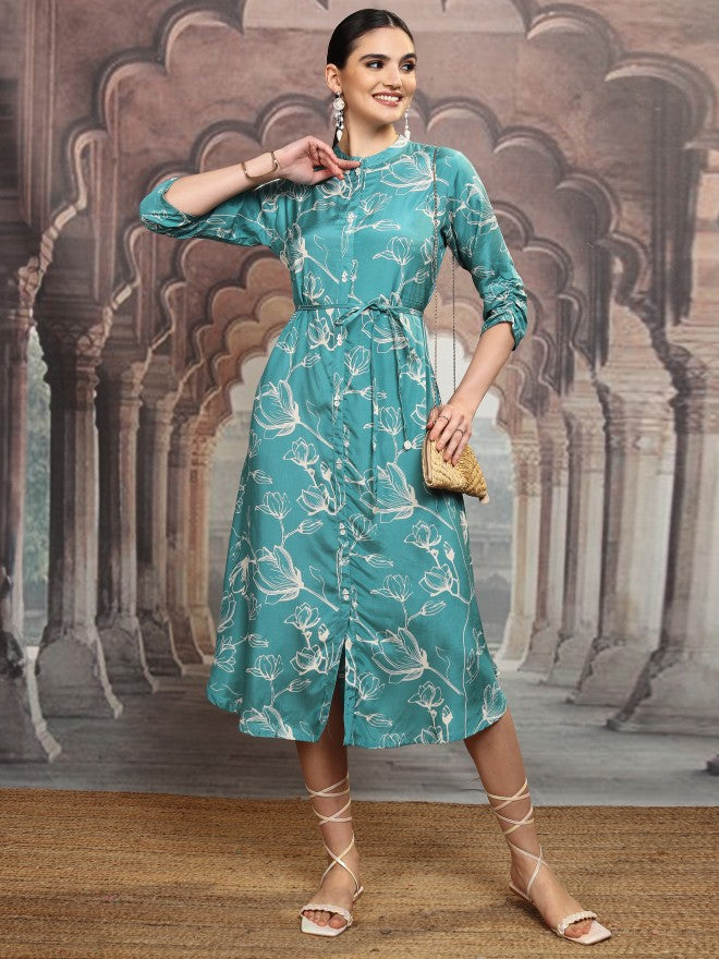 Vishudh Women Teal Printed Maxi Dress - Teal - Image 2