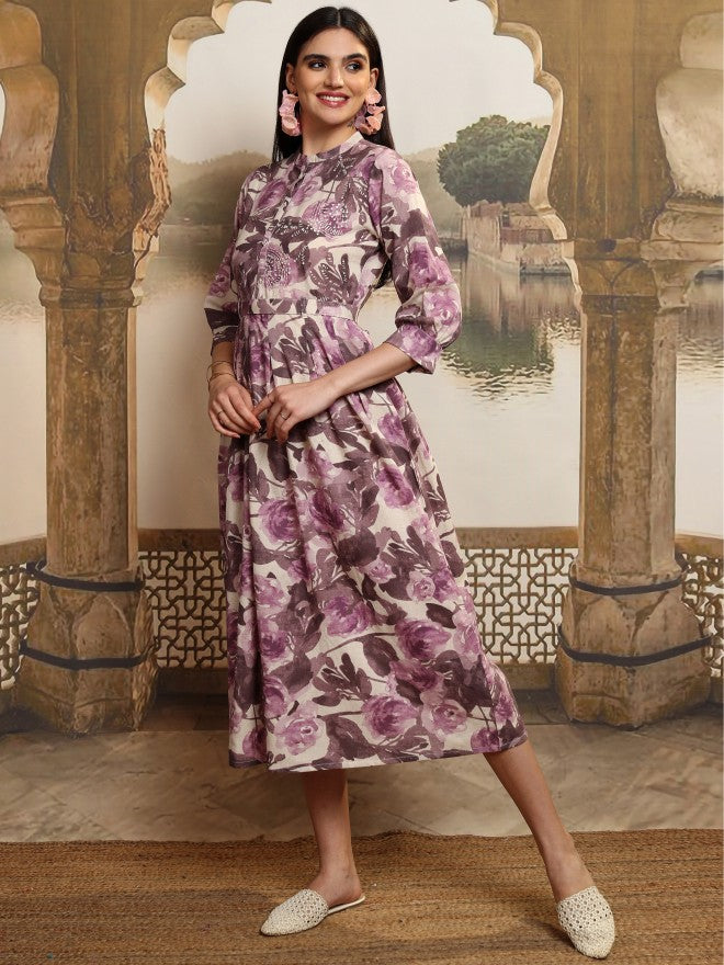 Vishudh women Magenta Printed A-Line Dress - Magenta - Image 4