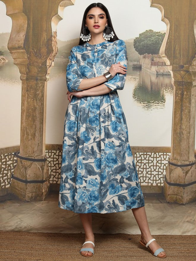 Vishudh women Blue Printed A-Line Dress - Blue - Image 1