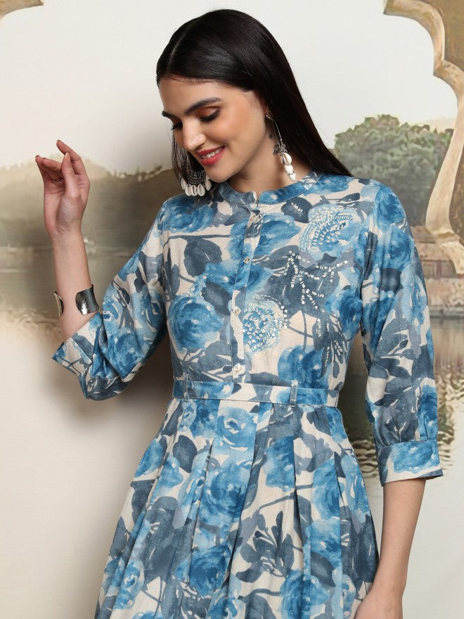 Vishudh women Blue Printed A-Line Dress - Blue - Image 2