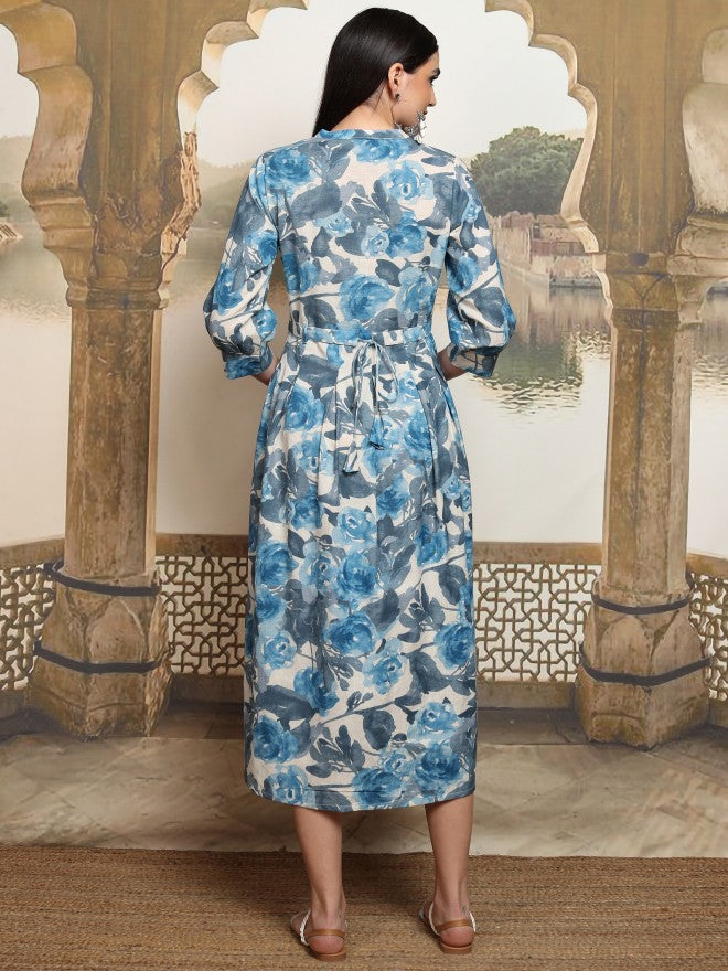 Vishudh women Blue Printed A-Line Dress - Blue - Image 3