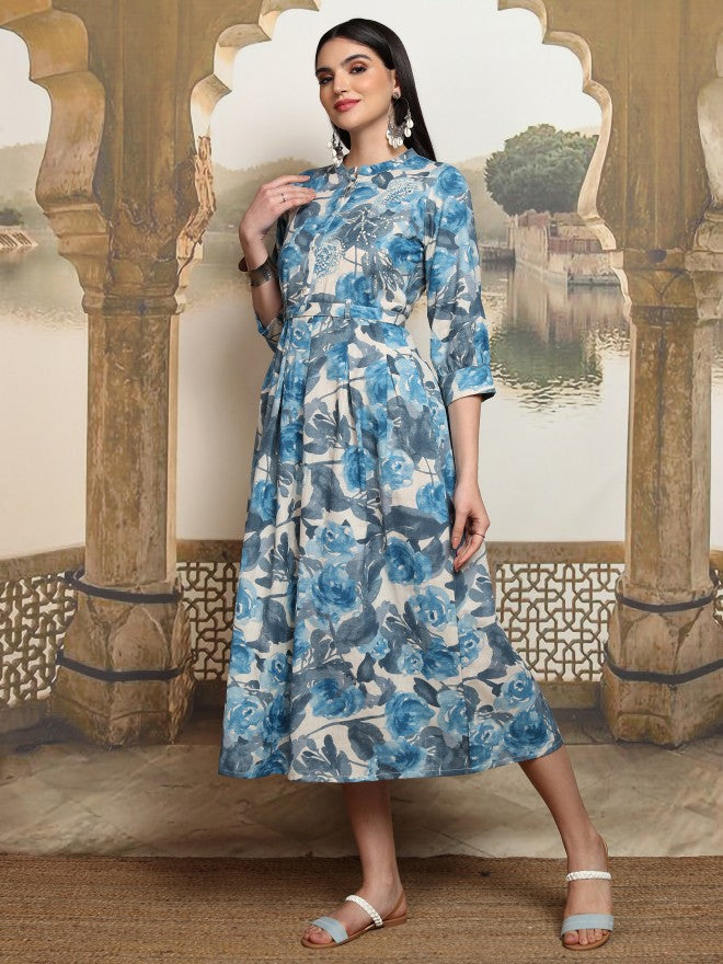 Vishudh women Blue Printed A-Line Dress - Blue - Image 4