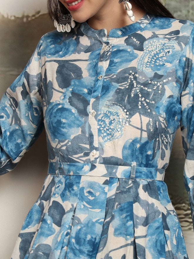 Vishudh women Blue Printed A-Line Dress - Blue - Image 5