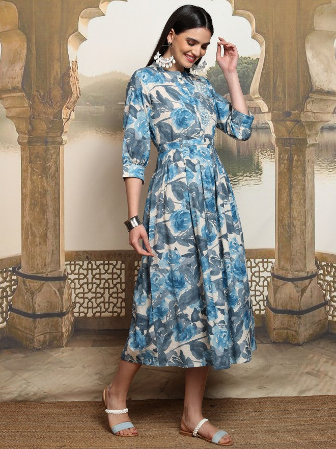 Vishudh women Blue Printed A-Line Dress - Blue - Image 6