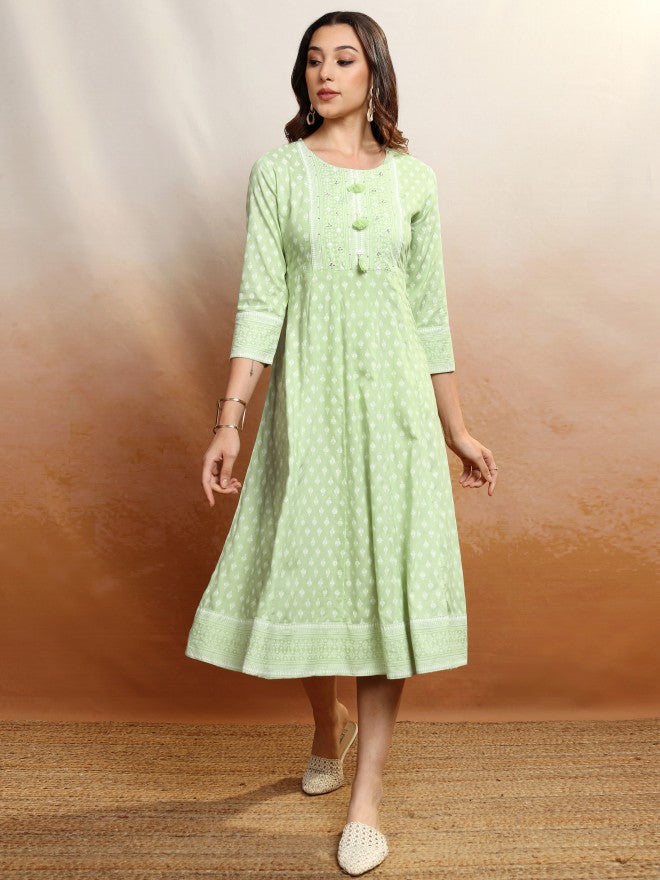 Vishudh Women Green Printed A-Line Dress - Green - Image 2