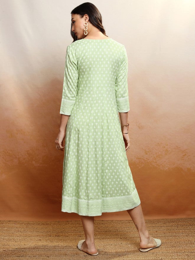 Vishudh Women Green Printed A-Line Dress - Green - Image 3