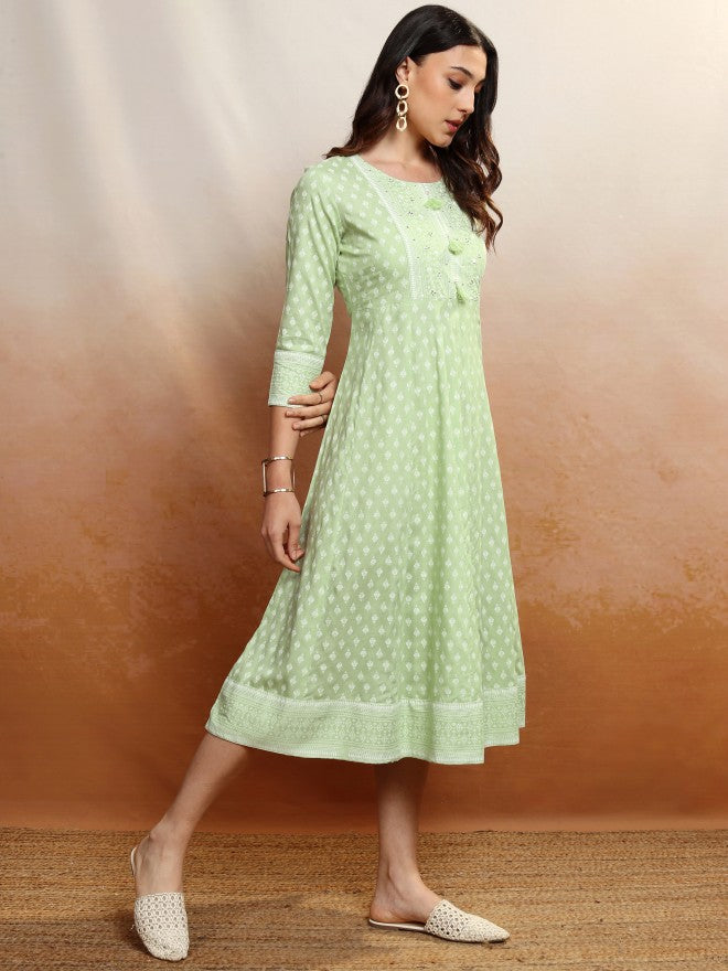 Vishudh Women Green Printed A-Line Dress - Green - Image 6
