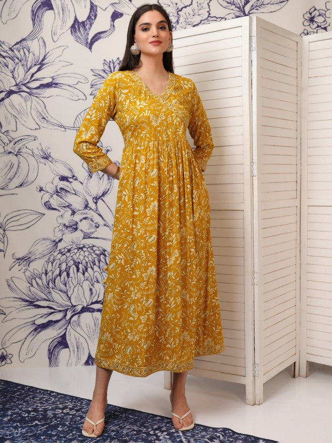 Vishudh Women Mustard Printed Fit And Flare Dress - Mustard - Image 1