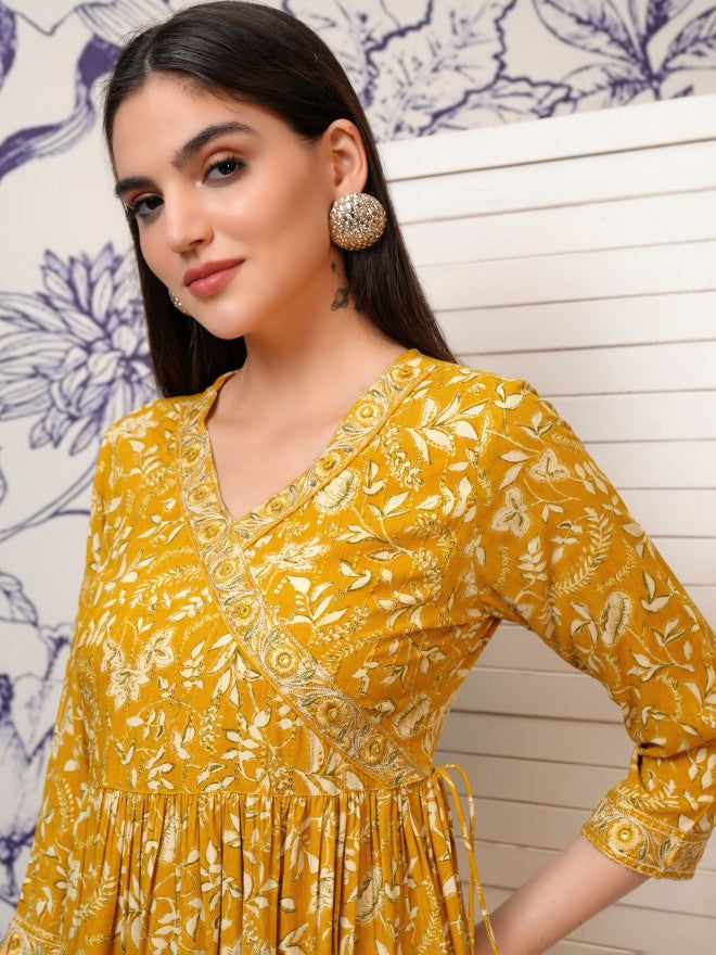 Vishudh Women Mustard Printed Fit And Flare Dress - Mustard - Image 2